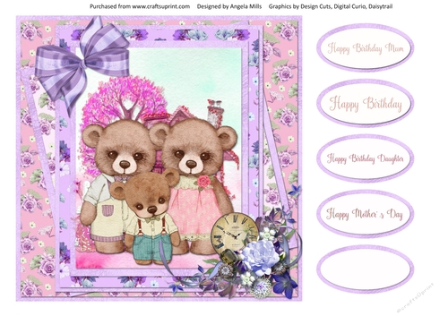 Teddy Bear Family Occasions 16: Birthday Mum/Daughter 8 x 8 Card Front with Sentiments, Pink/Lilac