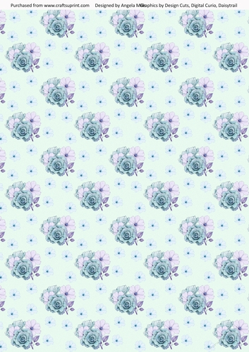 A4 Paper, Teal/Lilac Roses and Blossoms on Aqua Background