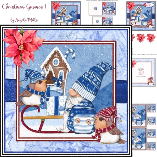 Christmas Gnomes 1: Sledging Gnome 7 x 7 Decoupage Card Mini-Kit with Sentiments, Blue/Red