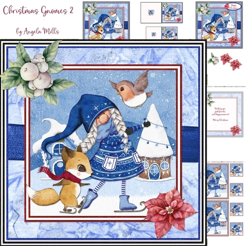 Christmas Gnomes 2: Skating Gnome 7 x 7 Decoupage Card Mini-Kit with Sentiments, Blue/Red
