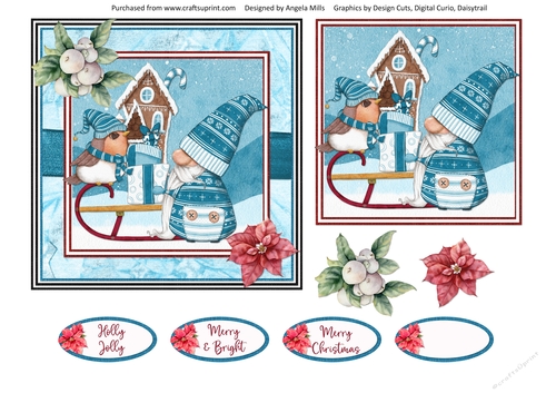 Christmas Gnomes 5: Gnome/Robin/Sledge 6 x 6 Card Front with Topper, Decoupage & Sentiments