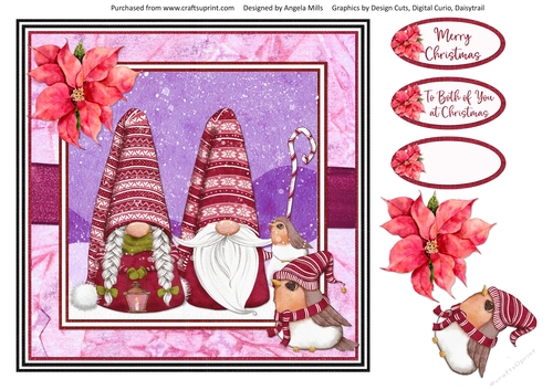 Christmas Gnomes 13: Gnome Couple 8 x 8 Card Front with Decoupage and Sentiments, Pink/Red