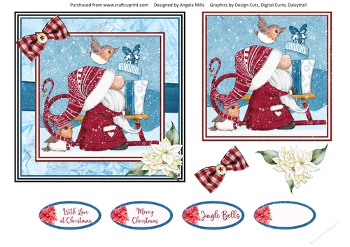 Christmas Gnomes 14: Santa 6 x 6 Card Front with Topper, Decoupage and Sentiments, Blue/Red