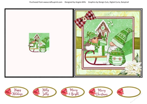 Christmas Gnomes 6 5 x 5 Cut & Fold Card with Sentiments,, Green/Red