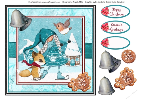 Christmas Gnomes 10 8 x 8 Card Front with Decoupage and Sentiments, Teal/Aqua