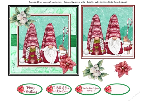 Christmas Gnomes 11 6 x 6 Card Front with Topper, Decoupage and Sentiments, Mint Green/Red