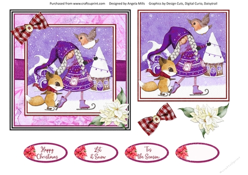 Christmas Gnomes 8 6 x 6 Card Front with Topper, Decoupage Elements and Sentiments, Lilac