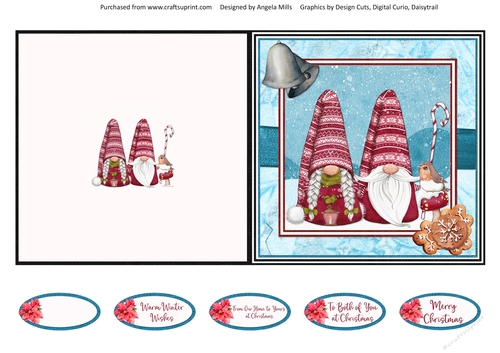 Christmas Gnomes 12 5 x 5 Quick Cut & Fold Card with Sentiment Toppers, Aqua/Teal/Red