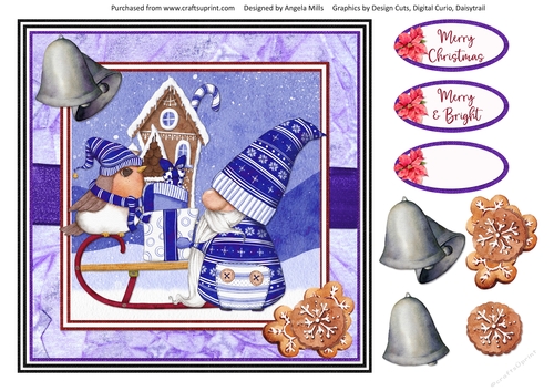 Christmas Gnomes 7 8 x 8 Card Front with Decoupage Elements and Sentiments, Purple