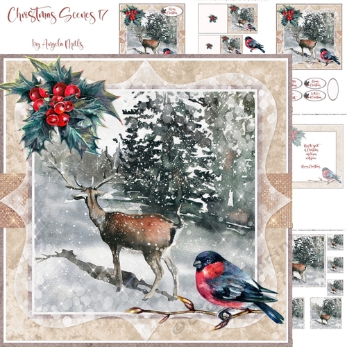 Christmas Scenes 18: Deer/Bullfinch 7 x 7 Card Mini Kit, 6 Sheets