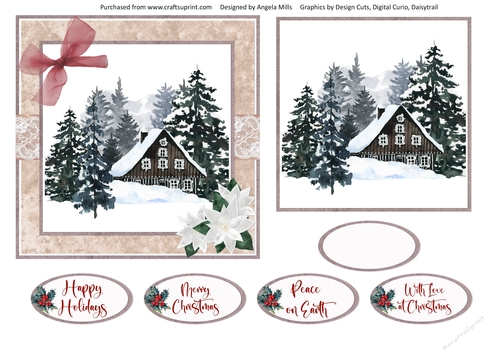 Christmas Scenes 21: Snowy Cabin 6 x 6 Card Front with Topper and Sentiments