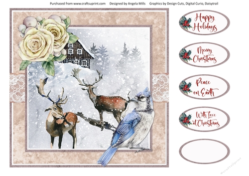 Christmas Scenes 29: Snowy Deer/Cabin with Sentiment Toppers