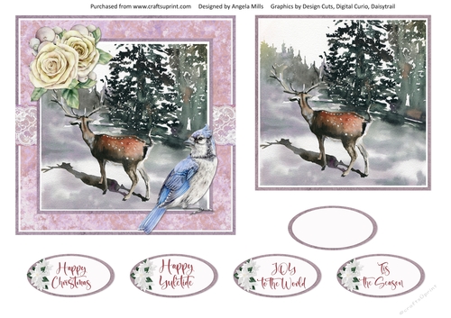 Christmas Scenes 24: Snowy Forest Deer 6 x 6 Card Front with Topper and Sentiments