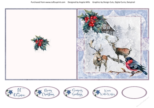 Christmas Scenes 28: Snowy Cabin/Deer 5 x 5 Cut & Fold Card with Sentiments