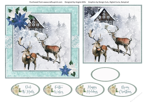 Christmas Scenes 27: Snowy Winter Cabin/Deer 6 x 6 Card Front with Topper and Sentiments