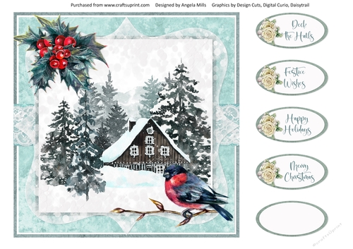 Christmas Scenes 23: Wintry Cabin 8 x 8 Card Front with Sentiment Toppers