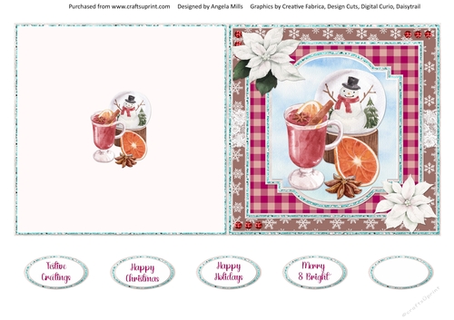 Christmas Treats 9: Mulled Wine/Snowglobe/Poinsettias 5 x 5 Cut and Fold Card with Sentiments