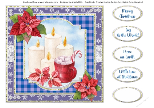 Christmas Treats 12: Candles/Marshmallow Cocoa/Poinsettias 8 x 8 Card Front with Sentiments