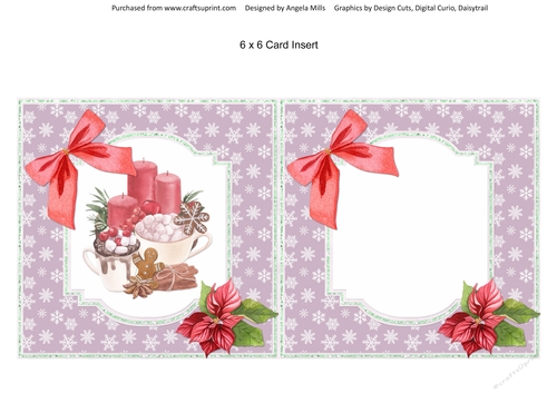 Christmas Treats 14 6 x 6 Card Insert, Candles/Poinsettias on Violet Snowflake Background, Blank