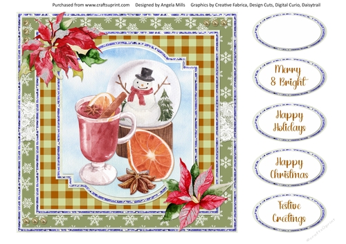 Christmas Treats 10: Snowglobe & Mulled Wine 8 x 8 Card Front with Sentiments