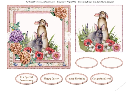 Spring Garden 5: Rabbits/Floral 6 x 6 Card Front with Topper and Sentiments