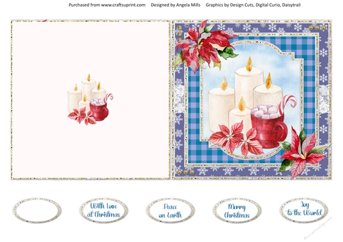 Christmas Treats 13: Candles & Poinsettias 5 x 5 Cut & Fold Card with Sentments Blue/Red