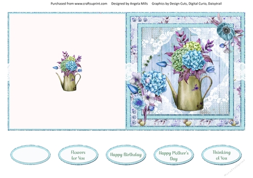 Spring Garden 9: Hydrangeas & Lace 5 x 5 Cut & Fold Card with Sentiments, Blue/Green