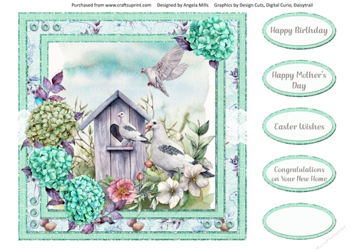 Spring Garden 13 Doves & Hydrangeas 8 x 8: Card Front with Sentiment Toppers, Aqua/Green