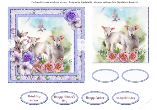 Spring Garden 14: Spring Lambs/Floral 6 x 6 Card Front with Toppers and Sentiments, Lilac