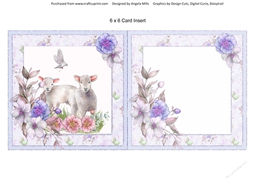 Spring Garden 14: Spring Lambs/Floral 6 x 6 Blank Card Insert with Lilac Floral Background