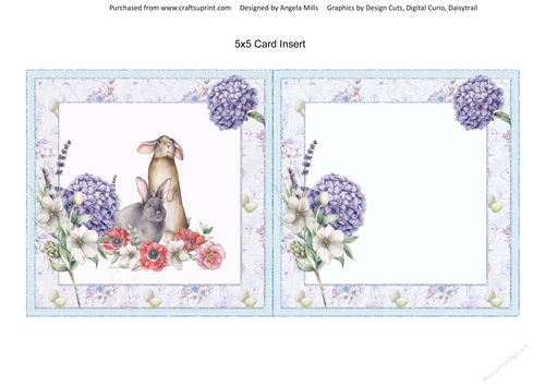 Spring Garden 6: Rabbits & Hydrangeas 5 x 5 Blank Card Insert, Blue/Lilac Floral Background