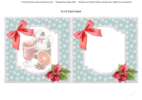 Christmas Treats 8: Snowglobe & Mulled Wine 6 x 6 Card Insert with Green/White Snowflakes Background