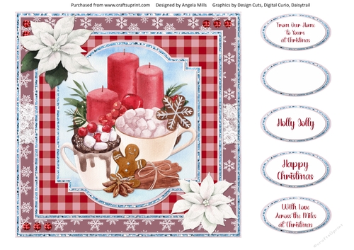 Christmas Treats 16: Red Candles/Marshmallow Cocoa 8 x 8 Card Front with Sentiments