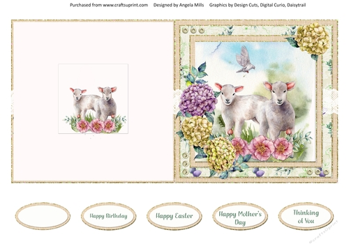 Spring Garden 15: Lambs/Hydrangeas 5 x 5 Cut & Fold Card with Sentiments, Yellow/Violet