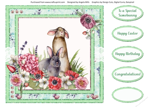 Spring Garden 7: Rabbits/Floral 8 x 8 Card Front with Sentiments, Mint Green/Pink