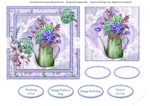 Spring Garden 8: Hydrangeas & Lace 6 x 6 Card Front with Toppers and Sentiments, Lilac/Green