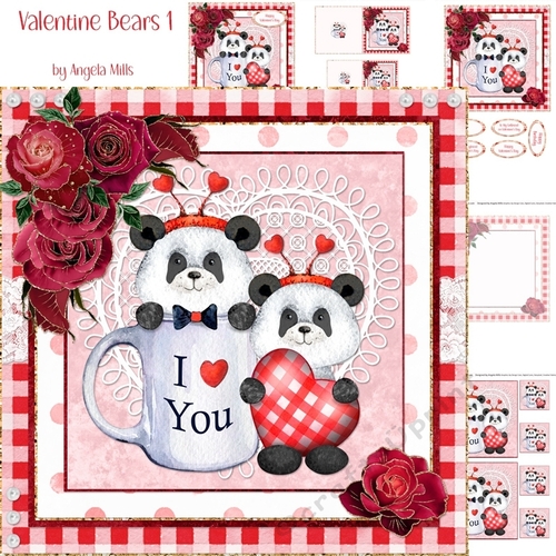 Valentine Bears 1: Pandas 7 x 7 Card Mini Kit, 5 Sheets, Red/White
