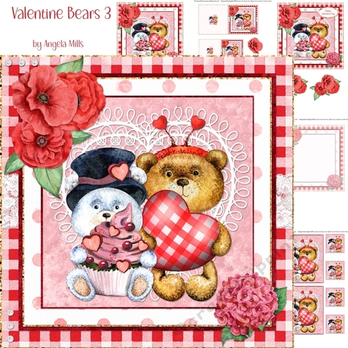 Valentine Bears 3: Brown & White Teddy Bears 7 x 7 Card Mini Kit, 5 Sheets, Red/White