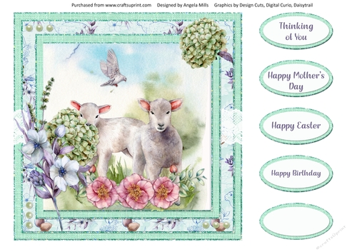 Spring Garden 16: Spring Lambs/Floral 8 x 8 Card Front with Sentiments, Mint Green/Pink
