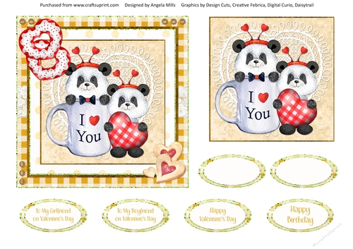 Valentine Bears 5: Pandas 6 x 6 Card Front with Toppers and Sentiment Toppers,Yellow/Red