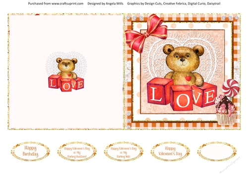 Valentine Bears 9 Brown Bear 5 x 5 Cut & Fold Card with Sentiments