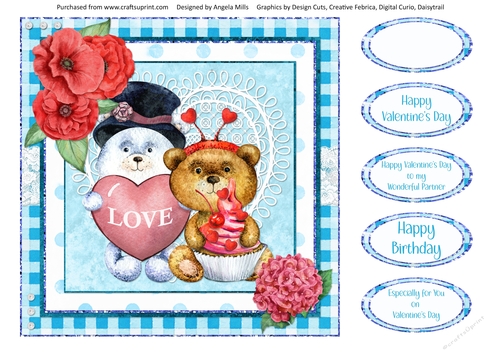 Valentine Bears 16: White/Brown Bears 8 x 8 Card Front with Sentiment Toppers, Turquoise/Red