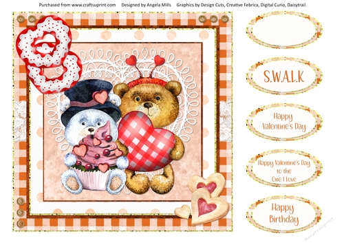Valentine Bears 13 White/Brown Bears 8 x 8 Card Front with Sentiments