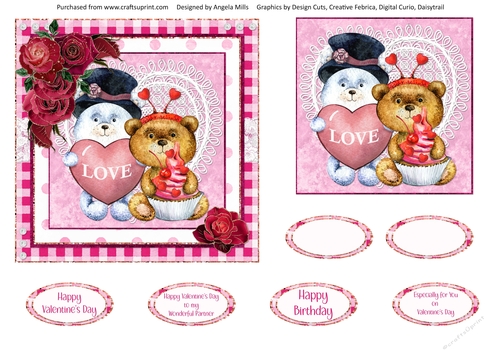 Valentine Bears 14 White/Brown Bears 6 x 6 Card Front with Topper and Sentiments