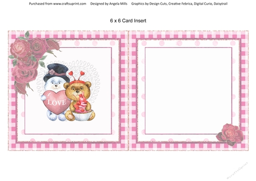 Valentine Bears 14 White/Brown Bears 6 x 6 Blank Card Insert with Pink/White Gingham Background