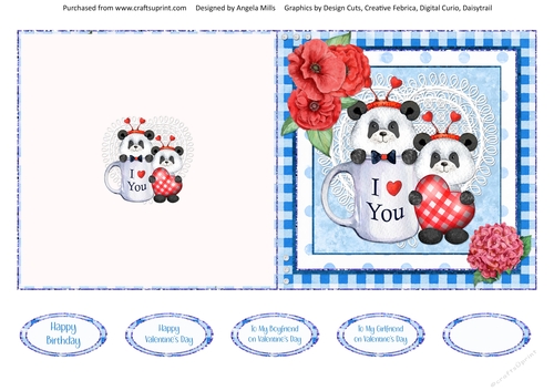 Valentine Bears 6: Pandas 5 x 5 Cut & Fold Card with 5 Sentiments, Blue/Red/White