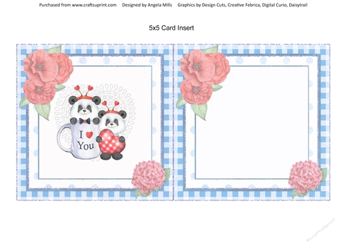 Valentine Bears 6: Pandas 5 x 5 Card Insert, Blue/Red/White