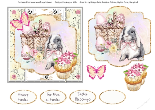 Easter Wishes 5: Bunny Basket & Cupcakes 6 x 6 Card Front with Topper, Decoupage and Sentiments
