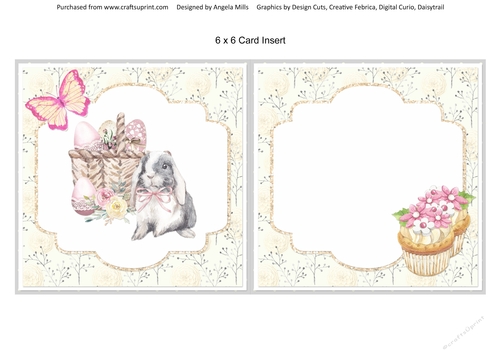 Easter Wishes 5: Bunny Basket & Cupcakes 6 x 6 Card Insert, Yellow Floral Background, Blank
