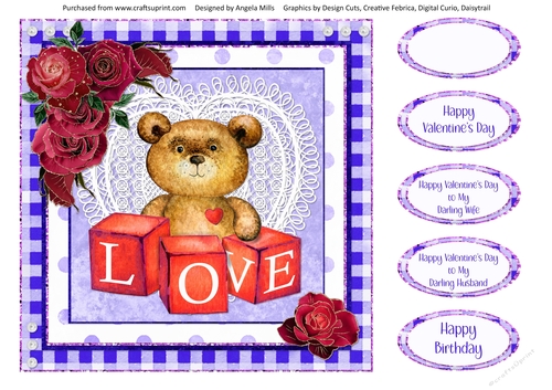 Valentine Bears 10: Love Bear 8 x 8 Card Front with Sentiments. Violet/Red/White